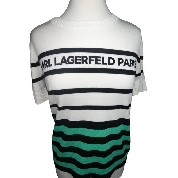 Karl Lagerfeld Women's Striped Logo Short Sleeve Sweater - Picture 1 of 3